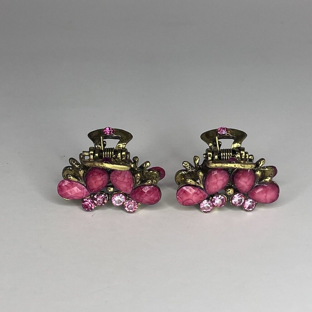 Set Of Mini Hair Claw Hot Pink & Light Pink Faux Stones Gold Tone Metal Claws